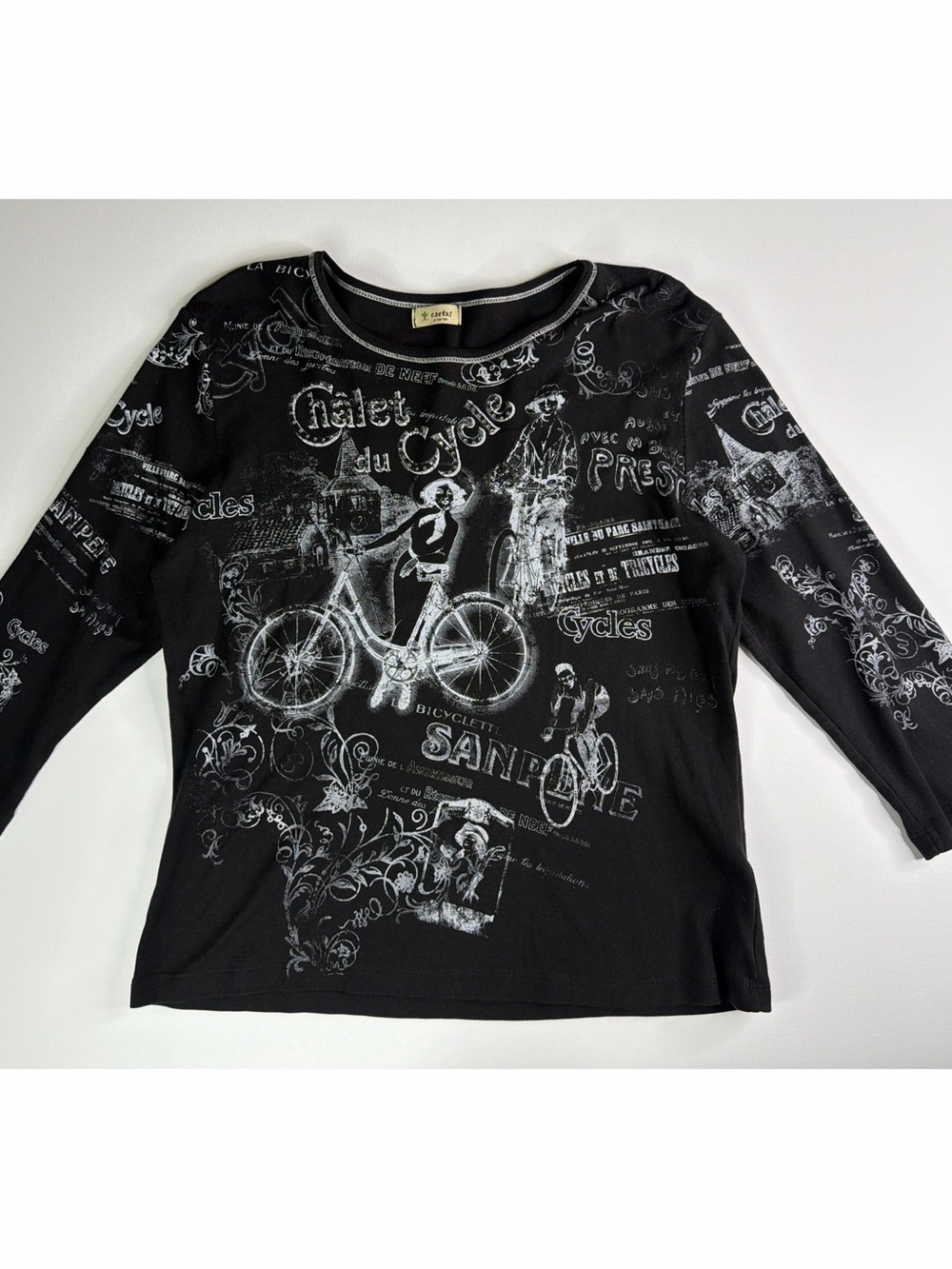 Cactus Black Knit Graphic Bicycle Print Long Sleeve Top